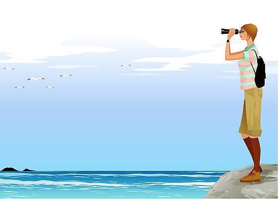 EPS 주간 웰빙 여자 남자 바다 일러스트 갈매기 하늘 레저 휴식 한명 사람 풍경 20대 성인 야외 레포츠 등산 쌍안경 청년만 성인만 국내일러스트 자연요소 1 컨셉 조류 청년 트래킹 망원경 파일형식 벡터