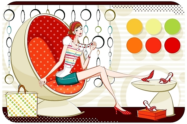 EPS 전신 우먼라이프 잡화 여자 패션 구두 신발 의자 일러스트 목걸이 탁자 실내 한명 사람 20대 성인 쇼핑 쇼핑백 하이힐 비즈발 여자만 여자한명만 성인여자만 청년만 청년여자만 성인한명만 청년여자한명만 성인여자한명만 성인만 국내일러스트 1 라이프스타일 가구 가방 장신구 청년 내부 여성화 파일형식 벡터