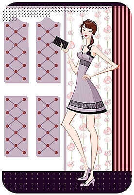 EPS 전신 우먼라이프 원피스 여자 패션 패턴 일러스트 실내 한명 사람 20대 성인 쇼핑 문 지갑 하이힐 장미문양 여자만 여자한명만 성인여자만 청년만 청년여자만 성인한명만 청년여자한명만 성인여자한명만 성인만 국내일러스트 1 문양 라이프스타일 옷 구두 무늬 청년 내부 여성화 파일형식 벡터