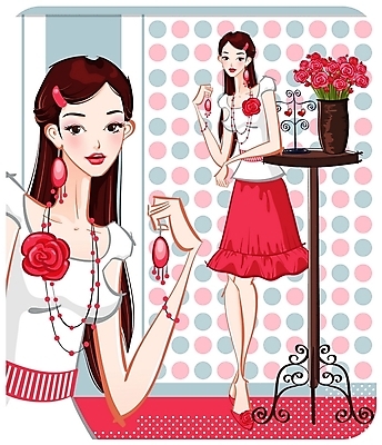 EPS 전신 우먼라이프 여자 패션 패턴 일러스트 목걸이 탁자 한명 사람 20대 성인 쇼핑 장미 꽃병 귀걸이 원형 여자만 여자한명만 성인여자만 청년만 청년여자만 성인한명만 청년여자한명만 성인여자한명만 성인만 국내일러스트 도형 1 라이프스타일 꽃 가구 무늬 장신구 청년 파일형식 벡터
