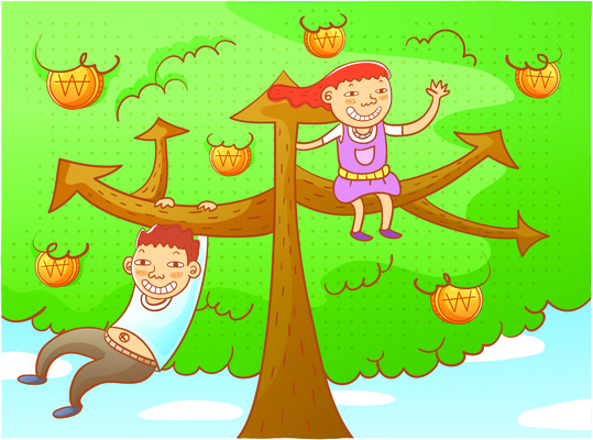 EPS 주간 나무 식물 여자 열매 남자 화살표 어린이 돈 일러스트 비즈니스 사람 소녀 소년 야외 두명 동전 상승 어린이경제 가지치기 분산투자 어린이만 국내일러스트 자연요소 컨셉 경제 재산 원예 투자 파일형식 벡터