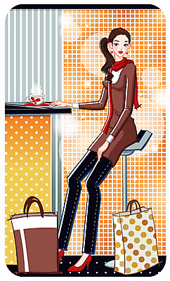 우먼라이프 여자 패션 커피 패턴 의자 일러스트 탁자 휴식 사람 쇼핑 쇼핑백 유행 카페 상업시설 여자만 국내일러스트 라이프스타일 음료 가구 컨셉 무늬 가방 상점 시설 상업