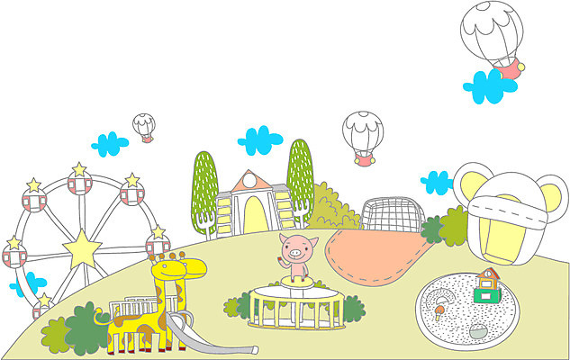 EPS 주간 교육 백그라운드 일러스트 학교 풍경 사람없음 야외 스쿨라이프 마을 놀이공원 열기구 돼지 기린 상업시설 국내일러스트 자연요소 라이프스타일 포유류 항공교통 테마파크 시설 상업 파일형식 벡터