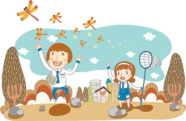 EPS 주간 나무 계절 여자 교육 남자 교복 초등학생 일러스트 사람 야외 두명 라이프 친구 소풍 스쿨라이프 가을 잠자리 곤충채집 채집망 어린이만 국내일러스트 자연요소 식물 학생 라이프스타일 옷 곤충 학교 관계 생활 야외활동 수집 파일형식 벡터