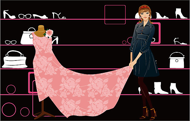 EPS 우먼라이프 드레스 계절 여자 패션 구두 가방 일러스트 실내 한명 사람 20대 성인 쇼핑 상점 가을 도시 마네킹 여자만 여자한명만 성인여자만 청년만 청년여자만 성인한명만 청년여자한명만 성인여자한명만 성인만 국내일러스트 1 라이프스타일 잡화 옷 신발 청년 내부 파일형식 벡터