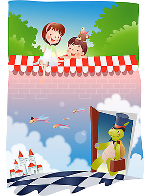 EPS 주간 계절 여자 어린이교육 교육 남자 초등학생 어린이 일러스트 상상 방학 여름방학 사람 소녀 소년 야외 두명 10대 여름 친구 담장 곰인형 성 거북이 날치 십대만 국내일러스트 자연요소 학생 건축물 인형 관계 파충류 청소년 휴가 어류 파일형식 벡터 여름_계절