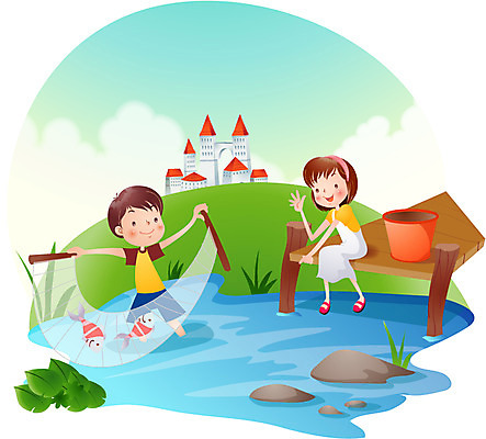 EPS 주간 계절 여자 어린이교육 교육 남자 초등학생 어린이 여행 일러스트 물놀이 낚시 방학 여름방학 어류 사람 소녀 소년 야외 두명 10대 여름 친구 그물 성 양동이 십대만 국내일러스트 자연요소 학생 건축물 관계 청소년 놀이 레저 휴가 수중동물 파일형식 벡터 여름_계절