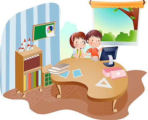 EPS 주간 계절 여자 어린이교육 교육 남자 초등학생 어린이 일러스트 창문 탁자 방학 주택 실내 여름방학 사람 소녀 소년 두명 10대 책 여름 친구 컴퓨터 책상 십대만 국내일러스트 자연요소 학생 가구 관계 청소년 휴가 내부 건물 전자제품 파일형식 벡터 여름_계절