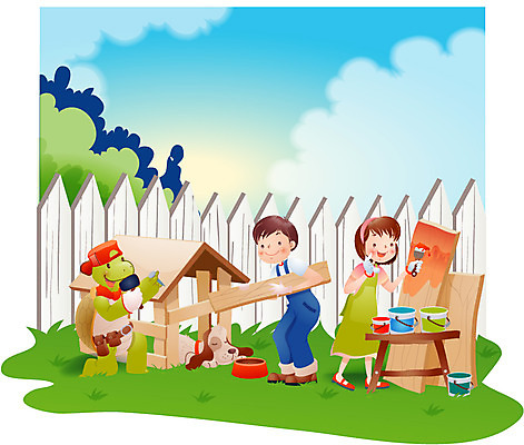 EPS 주간 계절 여자 어린이교육 교육 남자 초등학생 어린이 일러스트 상상 방학 여름방학 사람 소녀 소년 야외 두명 10대 여름 친구 울타리 색칠 칠 페인트칠 거북이 개집 십대만 국내일러스트 자연요소 학생 관계 파충류 청소년 페인팅 휴가 담장 애견용품 파일형식 벡터 여름_계절