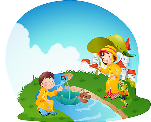 EPS 주간 계절 여자 어린이교육 교육 남자 초등학생 어린이 일러스트 우산 상상 날씨 방학 여름방학 사람 소녀 소년 야외 두명 10대 여름 친구 곰인형 비 개울 성 청개구리 우비 십대만 국내일러스트 자연요소 학생 건축물 옷 인형 관계 청소년 휴가 개구리 강 파일형식 벡터 여름_계절