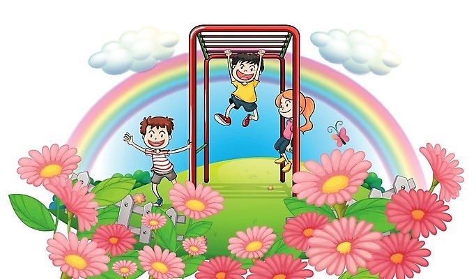 EPS 해외이미지 공원 여자 남자 꽃 어린이 무지개 일러스트 놀이 사람 소년 세명 친구 어린이만 해외202004 해외일러스트 자연요소 식물 공공시설 관계 파일형식 벡터