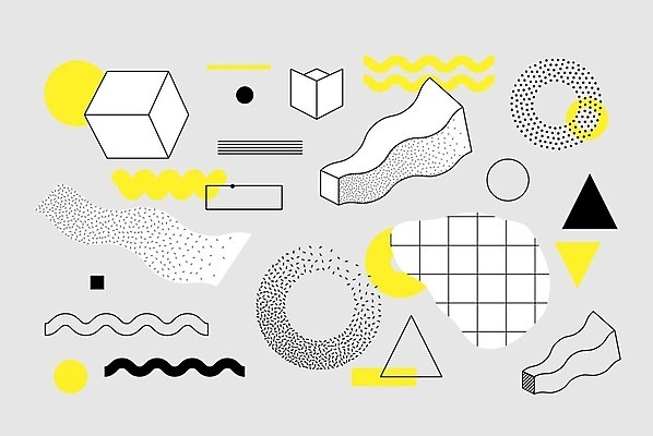 EPS 해외이미지 모양 디자인 포스터 선 백그라운드 패턴 일러스트 추상 사람없음 그래픽 장식 세트 노란색 검은색 흰색 점 원형 기하학 팝 스타일 멤피스디자인 미니멀리스트 해외202004 해외일러스트 도형 컬러 무늬 파일형식 벡터