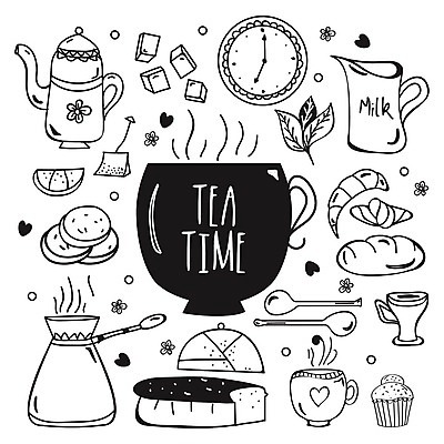 EPS 해외이미지 무료이미지 빵 시계 라인일러스트 일러스트 티타임 디저트 사람없음 세트 우유 낙서 찻잔 티스푼 티백 해외202004 해외일러스트 음식 휴식 잔 유제품 차_음료 숟가락 파일형식 벡터