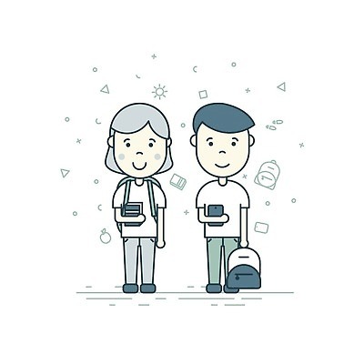 EPS 해외이미지 무료이미지 캐릭터 학생 디자인 여자 남자 어린이 일러스트 책가방 들기 두명 스마트폰 해외202004 해외일러스트 가방 모션 사람 핸드폰 스마트기기 파일형식 벡터 무료콘텐츠