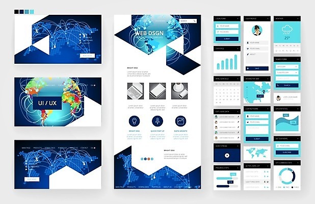 EPS 해외이미지 템플릿 디자인 지도 인터넷 일러스트 비즈니스 통신 모바일 사람없음 그래픽 파란색 세트 세계 지구본 웹 플랫 메뉴 레이아웃 페이지 UI 인터페이스 해외202004 해외일러스트 컬러 파일형식 벡터