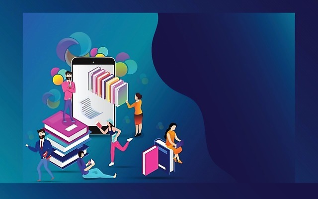 EPS 해외이미지 디자인 여자 교육 남자 포스터 인터넷 일러스트 졸업 사람 책 파란색 스마트폰 스터디 독서 스마트 사전 아이소메트릭 서점 백과사전 온라인강의 터치스크린 해외202004 해외일러스트 컬러 컨셉 핸드폰 스마트기기 학습 상점 강의 파일형식 벡터 언택트
