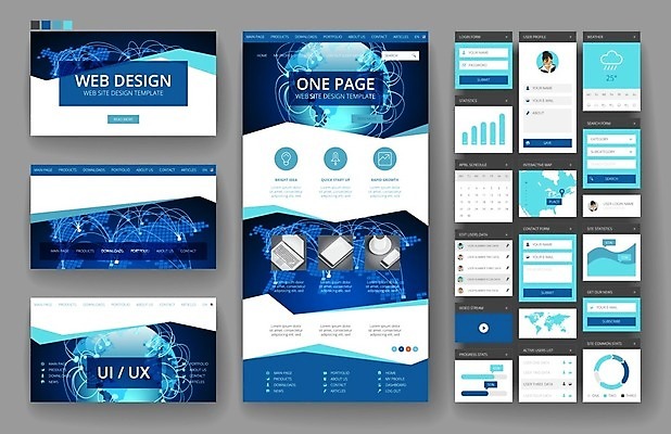 EPS 해외이미지 템플릿 디자인 지도 인터넷 일러스트 비즈니스 통신 모바일 사람없음 그래픽 파란색 세트 세계 지구본 웹 플랫 메뉴 레이아웃 페이지 UI 인터페이스 해외202004 해외일러스트 컬러 파일형식 벡터