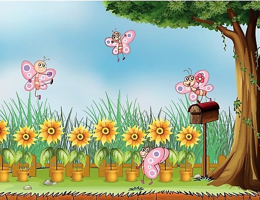 EPS 해외이미지 나무 식물 꽃 나비 일러스트 해바라기 사람없음 해외202004 해외일러스트 곤충 파일형식 벡터