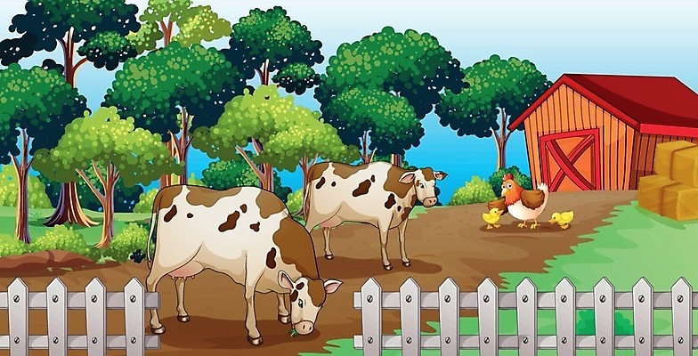 EPS 해외이미지 나무 식물 동물 구름 잎 밭 채소 일러스트 포유류 자연 하늘 병아리 야외 목재 그래픽 파란색 농작물 울타리 반려동물 농장 농경지 흙 우유 수확 흰색 잡초 소 농부 오두막 먹기 그림 외양간 밭일 암탉 초식 세련 해외202004 해외일러스트 자연요소 직업 컬러 농업 재료 모션 조류 유제품 담장 닭 암컷 생태계 파일형식 벡터