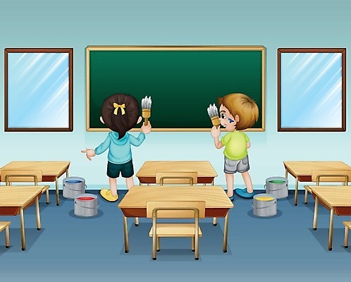 EPS 해외이미지 학생 여자 어린이교육 남자 어린이 의자 일러스트 교실 학교 탁자 사람 페인트 붓 양동이 해외202004 해외일러스트 교육 가구 파일형식 벡터