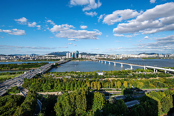 포토 JPG 주간 나무 구름 하늘 서울 한국 풍경 사람없음 야외 도시풍경 도시 한강 국내여행 당산철교 한강다리 가교 양화대교 전경 국내포토 자연요소 식물 건축물 아시아 여행 다리_건축물 랜드마크 파일형식 탑뷰