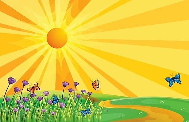 EPS 해외이미지 꽃 길 나비 일러스트 사람없음 태양 일출 정원 해외202004 해외일러스트 자연요소 식물 곤충 노을 파일형식 벡터