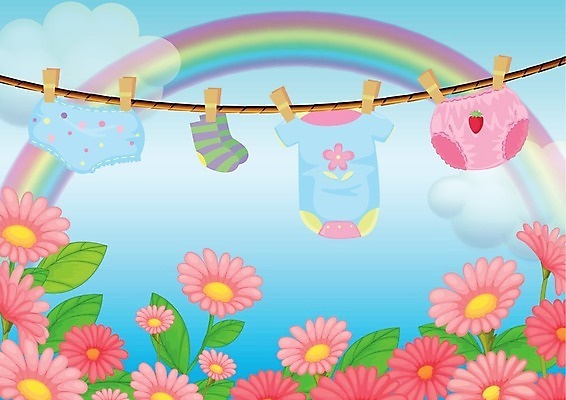 EPS 해외이미지 꽃 분홍색 무지개 일러스트 사람없음 빨랫줄 유아복 해외202004 해외일러스트 자연요소 식물 옷 줄 컬러 아기용품 파일형식 벡터