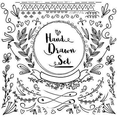 EPS 해외이미지 꽃 리본 잎 라인일러스트 일러스트 사람없음 세트 하트 낙서 손그림 해외202004 해외일러스트 모양 식물 파일형식 벡터