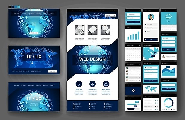EPS 해외이미지 템플릿 디자인 지도 인터넷 일러스트 비즈니스 통신 모바일 사람없음 그래픽 파란색 세트 세계 지구본 웹 플랫 메뉴 레이아웃 페이지 UI 인터페이스 해외202004 해외일러스트 컬러 파일형식 벡터