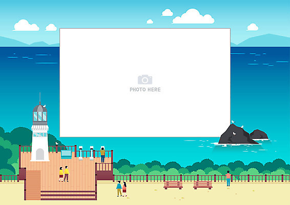 커플 여자 남자 바다 섬 데이트 일러스트 갈매기 프레임 등대 사랑 여러명 파란색 손잡기 프레임일러스트 국내일러스트 AI파일 감정 컬러 다수 관계 모션 조류 사람 파일형식 벡터