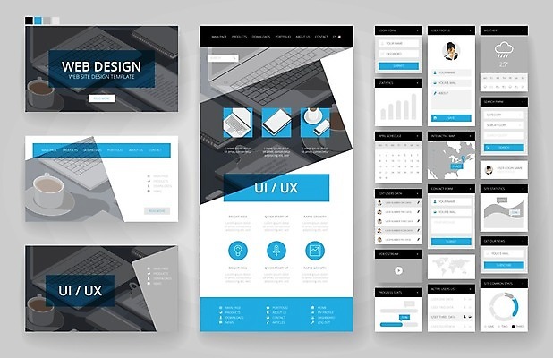 EPS 해외이미지 템플릿 디자인 지도 인터넷 일러스트 비즈니스 모바일 문구용품 사람없음 그래픽 파란색 노트북 컴퓨터 세트 세계 사무실 웹 플랫 오브젝트 메뉴 레이아웃 페이지 UI 인터페이스 해외202004 해외일러스트 컬러 전자제품 파일형식 벡터