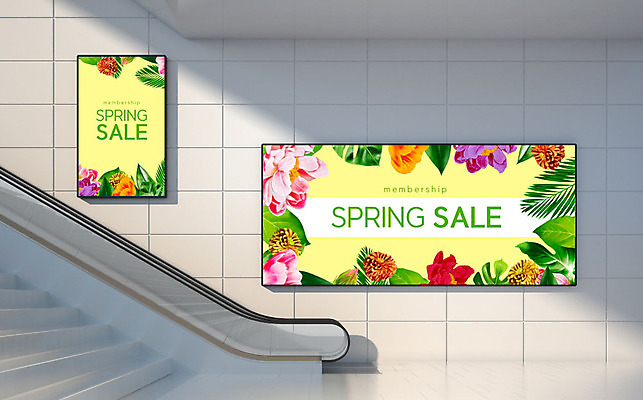 PSD 편집이미지 꽃 포스터 벽 액자 잎 사람없음 쇼핑 노란색 세일 계단 봄 에스컬레이터 이미지편집 식물 계절 컬러 파일형식