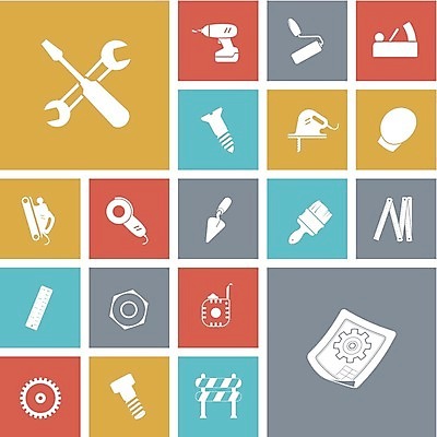 EPS 해외이미지 클립아트 디자인 산업 일러스트 버튼 줄자 그래픽 페인트 견과류 공구 스패너 붓 플랫 심볼 사인 롤 볼트 기어 청사진 대패 송곳 해외202004 해외일러스트 자 도구 파일형식 벡터