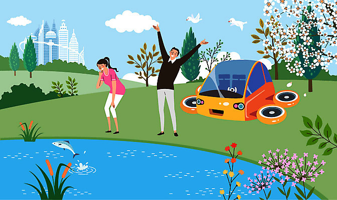 전신 나무 구름 공원 여자 남자 꽃 일러스트 자동차 자연 조류 미래 어류 사람 성인 두명 건물 산책 연못 도시 구경 기지개 미래도시 미래사회 성인만 ㅓ 플라잉카 국내일러스트 AI파일 자연요소 식물 동물 건축물 공공시설 육상교통 컨셉 모션 휴식 수중동물 사회_공동체 생태계 파일형식 벡터 단모음