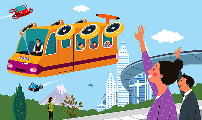 전신 구름 여자 남자 도로 어린이 일러스트 자동차 미래 산 버스 사람 소녀 소년 여러명 상반신 성인 건물 운전 비행 인사 스쿨버스 등교 미래도시 미래사회 버스기사 손흔들기 플라잉카 국내일러스트 AI파일 자연요소 건축물 길 육상교통 다수 컨셉 교통시설 모션 대중교통 예절 도시 사회_공동체 운전사 등하교 파일형식 벡터