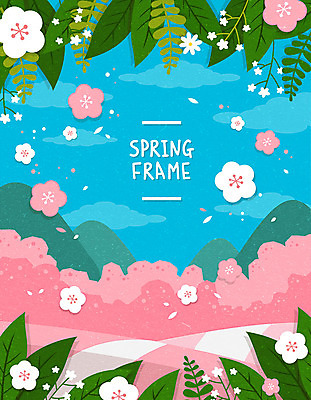 꽃잎 분홍색 백그라운드 일러스트 나뭇잎 프레임 따뜻함 사람없음 파란색 봄풍경 봄 벚꽃 벚나무 낙화 프레임일러스트 봄배경 국내일러스트 AI파일 나무 계절 꽃 컬러 잎 풍경 파일형식 벡터