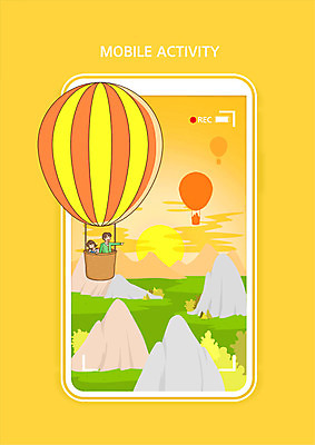 PSD 커플 여자 남자 일러스트 모바일 상반신 두명 스마트폰 노을 주황색 열기구 돌산 즐거움 액티비티 국내일러스트 자연요소 감정 컬러 관계 항공교통 산 사람 핸드폰 스마트기기 파일형식