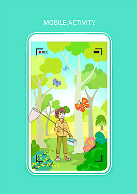 전신 PSD 나무 여자 나비 곤충 일러스트 모바일 한명 초록색 스마트폰 즐거움 곤충채집 여자한명만 액티비티 국내일러스트 식물 동물 1 감정 컬러 사람 핸드폰 스마트기기 수집 여자만 파일형식