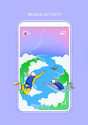 전신 PSD 구름 여자 남자 일러스트 하늘 모바일 두명 스마트폰 보라색 스카이다이빙 즐거움 액티비티 국내일러스트 자연요소 감정 컬러 사람 핸드폰 스마트기기 익스트림스포츠 파일형식