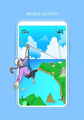 전신 PSD 여자 바다 일러스트 하늘 모바일 한명 파란색 스마트폰 즐거움 여자한명만 짚트랙 액티비티 국내일러스트 1 감정 컬러 사람 레포츠 핸드폰 스마트기기 여자만 파일형식