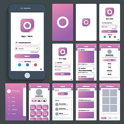 EPS 해외이미지 템플릿 일러스트 비즈니스 모바일 사람없음 스마트폰 스크린 정보 플랫 어플리케이션 미술관 알림 검색 메뉴 온라인 전자상거래 UI 구독 마케팅 소프트웨어 웹디자인 인터페이스 터치스크린 목업 와이어프레임 해외202004 해외일러스트 핸드폰 스마트기기 파일형식 벡터