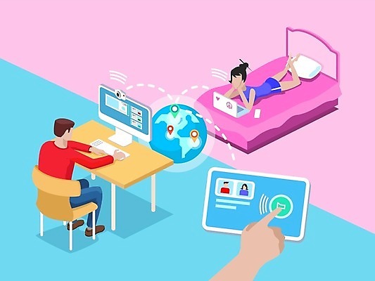 EPS 해외이미지 전신 무료이미지 손 여자 남자 지구 엎드리기 분홍색 하늘색 인터넷 일러스트 성인 두명 신체부위 노트북 컴퓨터 침대 책상 화상통화 얼굴없음 성인만 해외202004 해외일러스트 컬러 가구 모션 사람 파란색 전자제품 통화 파일형식 벡터