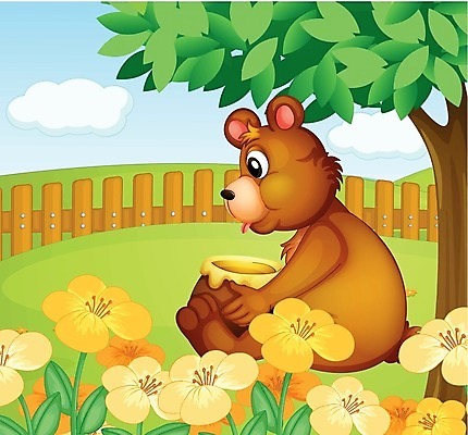 EPS 해외이미지 나무 꽃 일러스트 곰 들기 사람없음 울타리 정원 꿀단지 해외202004 해외일러스트 식물 동물 포유류 모션 담장 파일형식 벡터