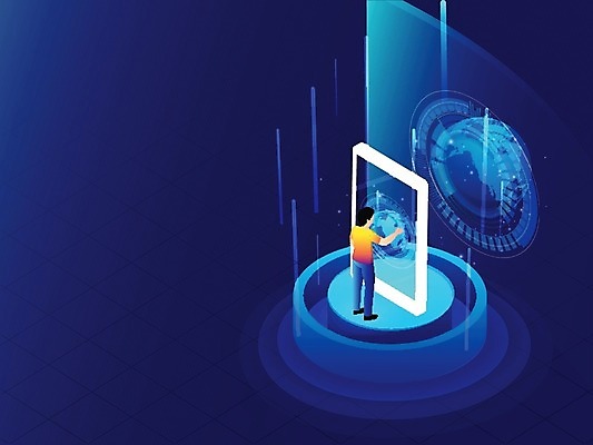 EPS 해외이미지 디자인 남자 포스터 지구 인터넷 일러스트 파란색 빛 스마트폰 세계 글로벌 지구본 광선 스마트 전자 아이소메트릭 로딩 현실 해외202004 AI_인공지능 해외일러스트 컬러 컨셉 사람 핸드폰 스마트기기 파일형식 벡터