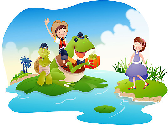 EPS 주간 계절 여자 어린이교육 교육 남자 호수 어린이 일러스트 상상 방학 여름방학 개구리 선물 사람 야외 두명 여름 친구 거북이 청개구리 어린이만 국내일러스트 자연요소 관계 파충류 휴가 양서류 파일형식 벡터 여름_계절
