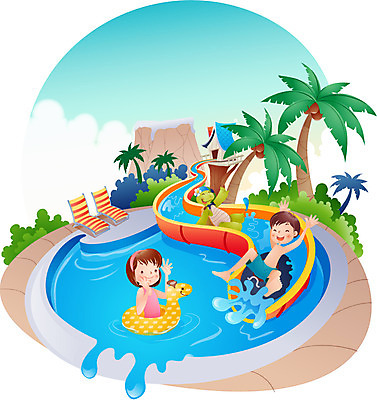 EPS 주간 계절 여자 어린이교육 교육 남자 어린이 일러스트 상상 물놀이 방학 수영장 여름방학 사람 야외 두명 여름 친구 야자수 풀장 거북이 미끄럼틀 어린이만 국내일러스트 자연요소 나무 관계 파충류 놀이 휴가 놀이기구 파일형식 벡터 여름_계절
