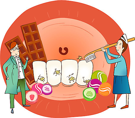 EPS 여자 남자 일러스트 의학 청진기 치과 사탕 사람 성인 두명 치료 초콜릿 간호사 의사 가운 의사가운 입 치아 칫솔 질병 구강 박테리아 충치 성인만 국내일러스트 옷 의료기기 디저트 병원 신체부위 위생용품 의료진 소화기관 파일형식 벡터