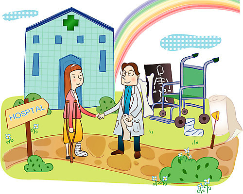 EPS 주간 여자 남자 길 무지개 일러스트 의학 뼈 엑스레이 병원 사람 성인 야외 두명 건물 치료 팻말 환자 의사 가운 의사가운 질병 휠체어 붕대 외과 목발 성인만 국내일러스트 자연요소 건축물 옷 의료기기 프레임 의료진 파일형식 벡터