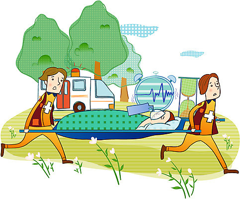 EPS 주간 나무 남자 시계 일러스트 의학 사람 야외 치료 세명 질병 구급차 모래시계 구급요원 들것 산소호흡기 응급환자 환자수송 남자만 국내일러스트 자연요소 식물 모래 자동차 환자 파일형식 벡터