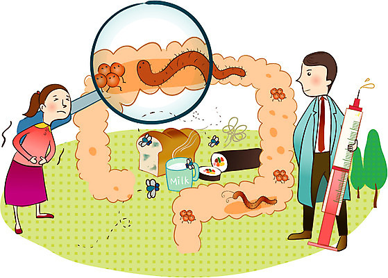 EPS 여자 남자 어린이 일러스트 의학 돋보기 사람 소녀 두명 치료 우유 환자 의사 가운 의사가운 질병 식빵 김밥 대장 파리_프랑스 파리_곤충 곰팡이 대장균 복통 식중독 썩음 어린이만 국내일러스트 옷 음식 빵 곤충 유제품 의료진 프랑스 장기_의학 파일형식 벡터
